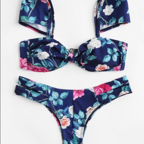 Bikini Floral Blue & Pink Print Size M NWT - Picture 2 of 5